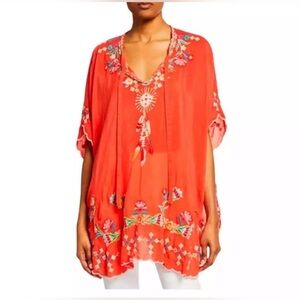 Johnny Was Orange/Red Dakota Embroidered Poncho Tunic. Size XS